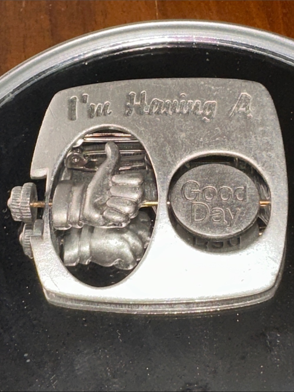 Silver Tone JJ Jonette “Good Day/Bad Day” Spinning Thumb Brooch Pin